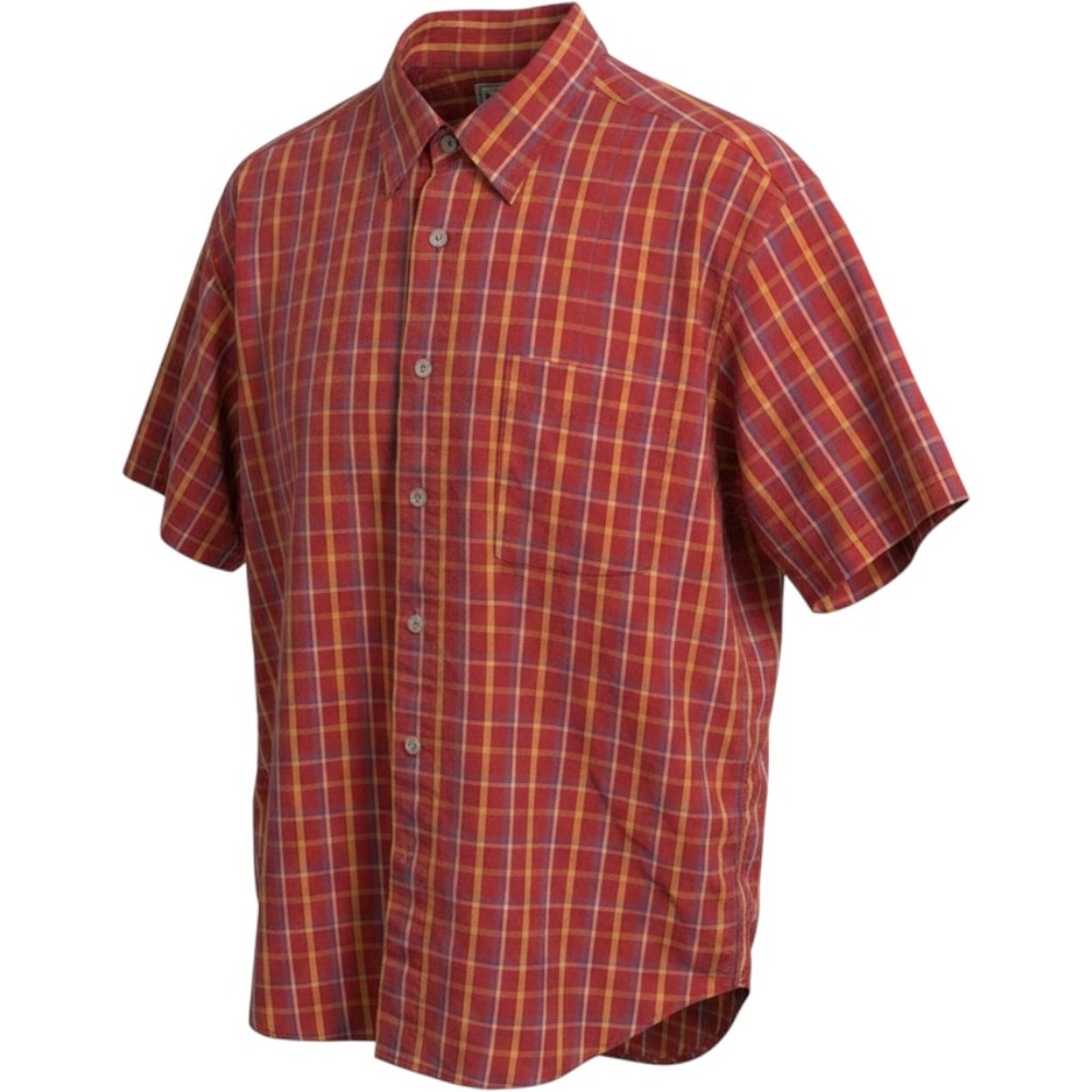 LL Bean Mens Large Red Yellow Plaid Short Sleeve Cotton Button Down Shirt OY442